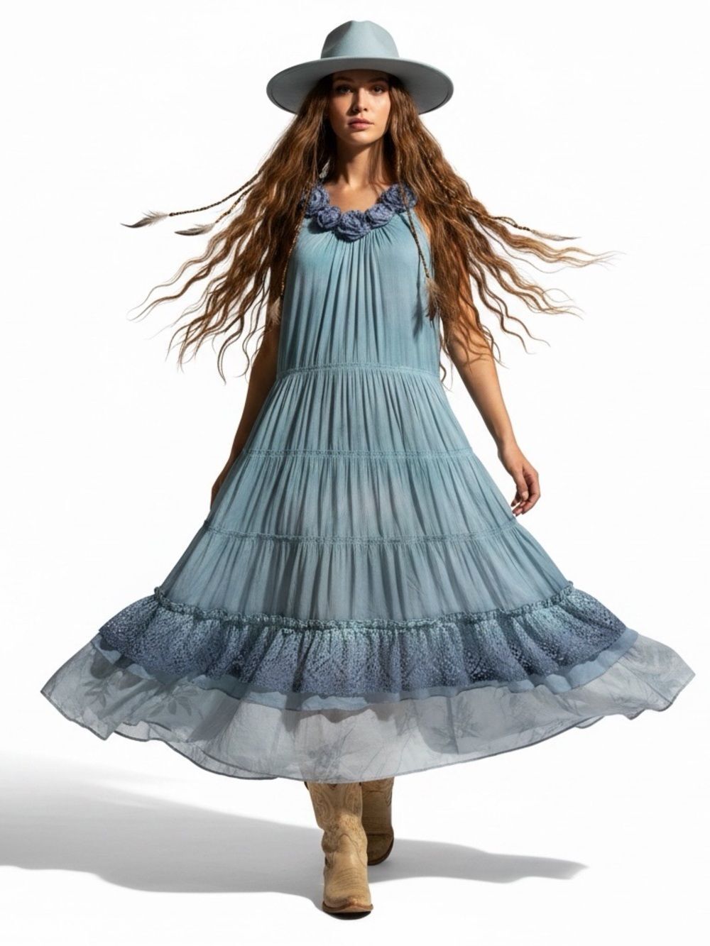 Boho Gradient Blue Wash Rosette Tiered Panel Maxi Dress Lg Handcrafted